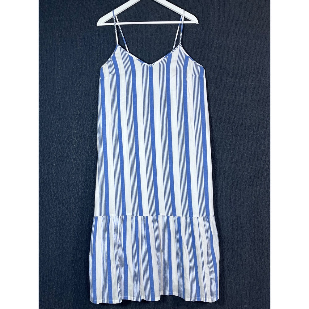 J.Crew Sleeveless Blue White‎ Striped Cotton Tiered Midi Dress Pockets Size M